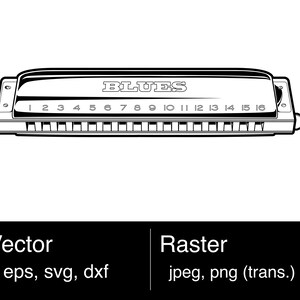 May include: Black and white illustration of a harmonica. The word "BLUES" is printed on the top of the instrument. Numbers 1 through 16 are visible. The image also includes the words "Vector" and "Raster" with file type information.