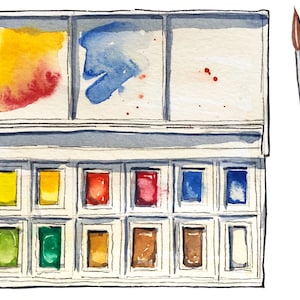 Watercolor illustration of a watercolor travel paint set
