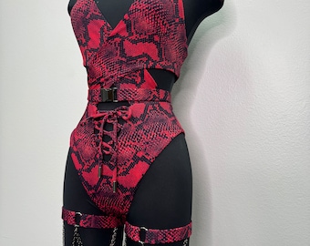 Cobra Rave Set, Festival Outfit, Rave Outfit Set, Festival Set, Festival Outfit Set, Red Rave Outfit, Red Festival Set, Snake Print Rave Set