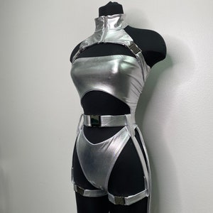 Rave Costume, Rave outfit, Silver Bodysuit, Silver Swimsuit, Festival Outfit, Rave Bodysuit, Rave Clothing, Rave Swimsuit Buckles