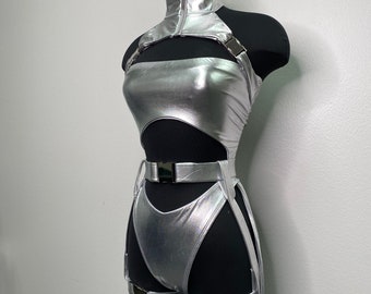 Rave Costume, Rave outfit, Silver Bodysuit, Silver Swimsuit, Festival Outfit, Rave Bodysuit, Rave Clothing, Rave Swimsuit Buckles