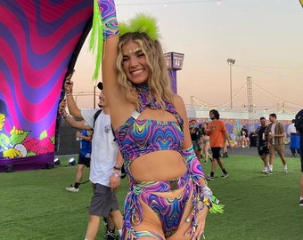 Festival Rave Women Clothing, Trippy Neon Rave outfit, Complete Rave Set, Carnival Costume , Rave Clothing