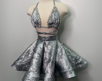 Silver Skirt Set, Silver Dancehall Outfit, Silver Skirt, Silver Puffer Jacket, Silver Top, Custom Outfit