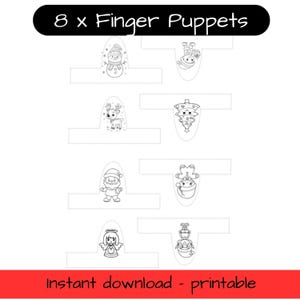May include: Black and white printable finger puppets featuring holiday characters like a snowman, Santa, and an angel. The image includes the text "8 x Finger Puppets" and "Instant download - printable".