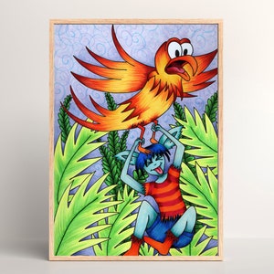 Utskrivbar väggkonst för barn - älvfågelkonst affischtryck barndekor, Once Upon my Imagination, skruvad berättelse, barnrumstavlan