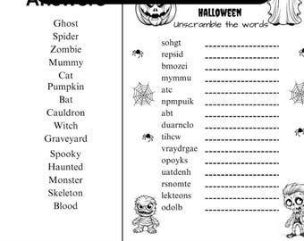 Puede incluir: Un imprimible de búsqueda de palabras con temática de Halloween en blanco y negro. La hoja de trabajo presenta una lista de palabras relacionadas con Halloween y una sección para descifrar palabras. Incluye ilustraciones de calabaza, fantasma, telaraña y momia.