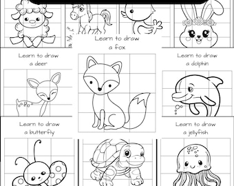 May include: Black and white printable drawing guide with the text "Learn to Draw." Features illustrations of a sheep, horse, duck, bunny, deer, fox, dolphin, butterfly, turtle, and jellyfish. The phrase "Instant download - printable" is at the bottom.