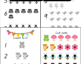 Woodland Animal Floral Activity Sheets: Counting Learning Pages, Preschool Forest Animals Worksheet, Instant Download