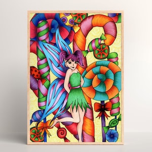 Peut inclure: Illustration encadrée d'une fée en robe verte, cheveux violets et ailes bleues et violettes, entourée de cannes en bonbon, sucettes et nœuds colorés. L'œuvre présente des couleurs vives et un thème fantaisiste, idéal pour une chambre d'enfant ou une décoration sur le thème des bonbons.