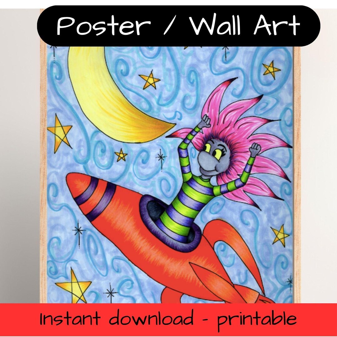 Rocket Pixie Pixie Space Ship Artwork: Rocket Wall Art Kids Nursery Decor, Cartoon ...