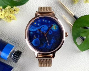 Montre d'artiste unique | Montre-bracelet peinte à la main | Le Petit Prince - Inspiré par Van Gogh | Or rose | Cadeau spécial pour elle