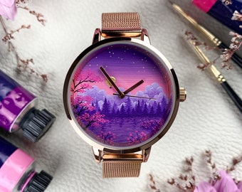 Artist women's watch hand-painted | Limited to 25 pieces | Rose gold | Sunset cherry blossom | Unique gift for her