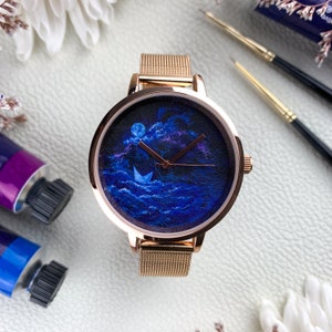 Orologio da donna artista | Nave di carta sul mare agitato | Orologio da polso dipinto a mano in oro rosa | Regalo per moglie fidanzata mamma sorella figlia