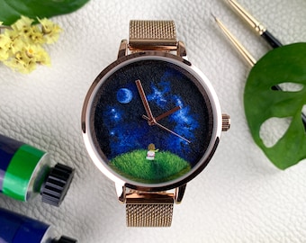 Unique artist watch | Wristwatch hand-painted | The Little Prince | Rose gold | Special gift for her | Wearable work of art