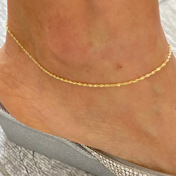 10K Solid Gold 0.8mm Singapore Anklet Bracelet, Dainty Singapore Anklet, 9 - 10 inches, 10k Gold Anklet Bracelet, Minimalist  - PE9