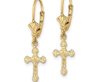 14K Solid Gold Cross 30mm/1.1" Earrings, Solid Gold Jesus Christ Dangle Cross, 14k Solid Gold Cross Earrings, Dangle Cross Earrings- TF1777