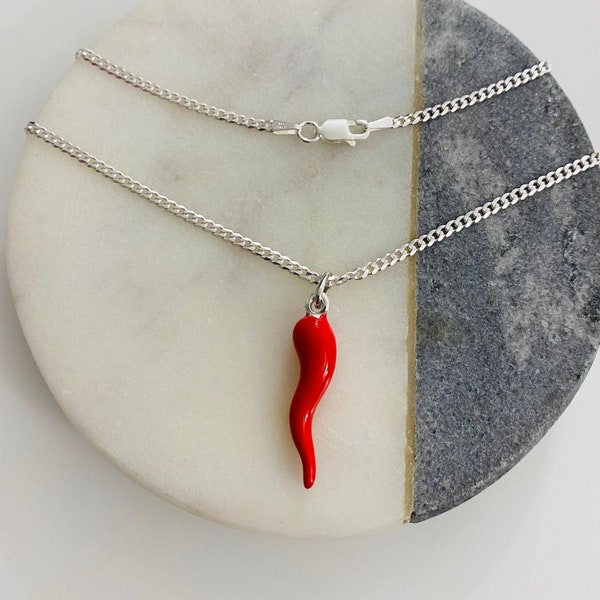 925 Sterling Silver Red Cornicello, 3D Red Enamel Italian Horn Pendant, Red Chili, Red Pepper Italian Horn, 925 Silver Cuban Chain- QC6093