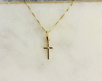 14k Solid Gold Crucifix Necklace, Minimalist, Dainty Gold Cross Necklace,14k Solid Gold Plain Cross Box Chain 16”- 18”- 20" Necklace- PT143