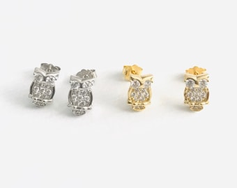 925 Sterling Silver Cz Owl Stud Earrings, Gold Vermeil, Vermeil Earrings, Silver Owl Stud Earrings, Silver Earrings, Owl Stud- ESE7