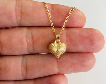 14K Real Gold Heart Necklace, 16mm Pendant, 14k Solid Gold 1.5mm Chain, 14k Real Gold 3D Diamond Cut Pendant, Dainty Necklace -K2502