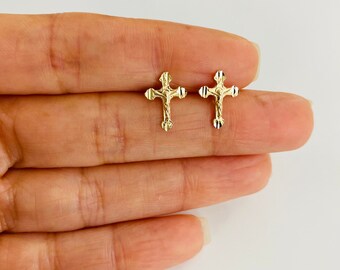 14K Solid Gold 9mm Earrings, 14k Gold Inri Cross Earrings, 14k Gold Jesus Christ Earrings, 14k Gold Crucifix Earrings, Gold Earrings- ER1197