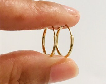 10K Solid Gold Endless 1.2mm x 14mm Hoop, Dainty Gold Polished Endless Tube Hoop Earrings, Minimalist Infinity Hoop, 10K Gold Earrings- T963