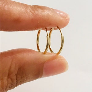 10K Solid Gold Endless 1.2mm x 14mm Hoop, Dainty Gold Polished Endless Tube Hoop Earrings, Minimalist Infinity Hoop, 10K Gold Earrings- T963