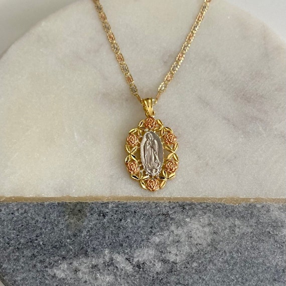 14K Solid Real Gold Rose Guadalupe Necklace 1.1 / 28mm - Etsy Israel