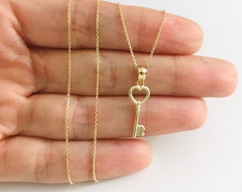 10K Solid Gold 23mm Pendant Heart Key Charm, 10k Solid Gold Chain, Dainty Solid Gold Heart Key Minimalist Necklace, Gold Key Pendant-YC1029