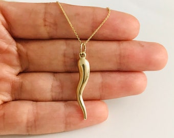 10K REAL Gold 3D Italian Horn 33mm/ 1.3 in Pendant, 16"-18"-20" Dainty 10k Solid Gold Chain, Italian Horn Charm, Cornicello, Chili - C3041