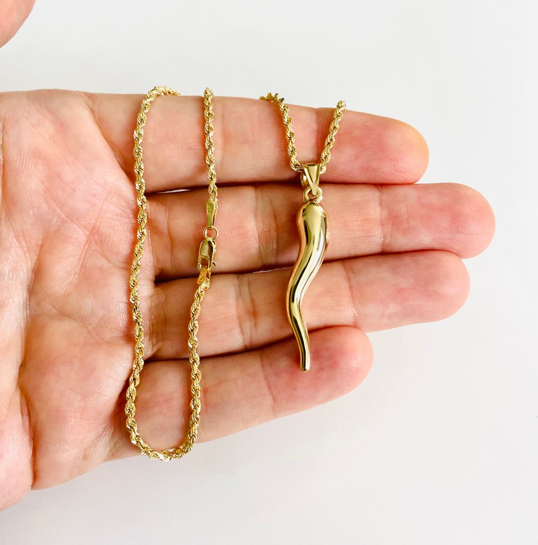 10k Real Gold Italian Horn 44 Mm/1.7 in Pendant, Unisex Chilli Necklace