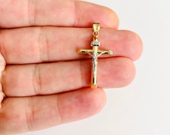 14K Gold Jesus 32mm/1.2 in Crucifix, 14k Real Gold Crucifix, 2 Tone Gold Cross, Gold Cross Pendant, INRI Jesus Christ Cross- PT04