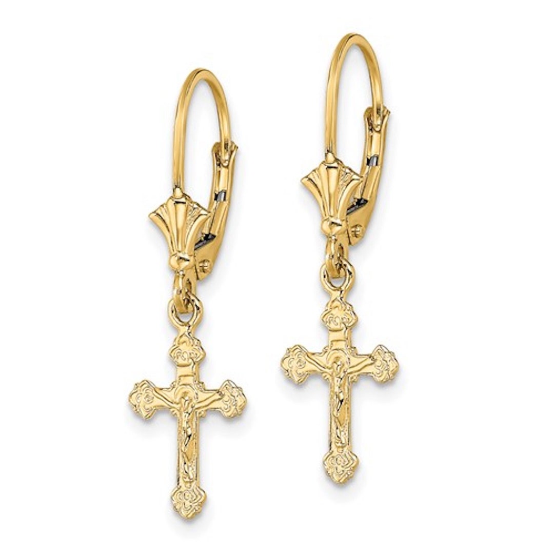14K Solid Gold Cross Earring, Solid Gold Jesus Christ Dangle Cross, 14k