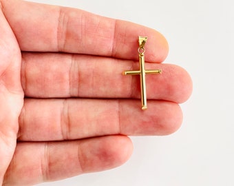 14K Real Gold Crucifix, 30mm/1.18 inches Cross Pendant, 14k Real Gold Tube Cross Pendant, Religious Pendant, 14k Gold Cross- PT881