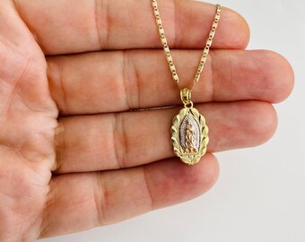 14K Solid Gold 23mm/0.9 in Guadalupe Pendant, 14k Solid Gold Virgin Mary 3 Tone Gold Necklace, 14K Solid Gold 1.5mm Chain Necklace- PT1128