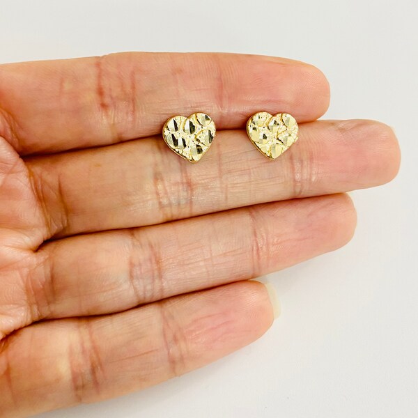 10K Solid Gold 9mm Heart Nugget Stud Earrings, Diamond Cut Stud, 10K Solid Gold Heart Nugget, 10k Real Gold Heart Earrings- AGE6