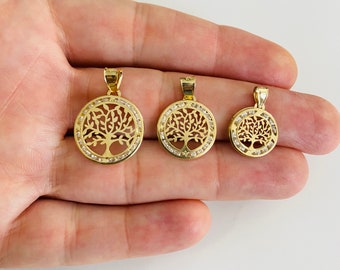 14K Solid Yellow Gold Beautiful 1" Two Tone Circle Tree Of Life Charm Pendant.