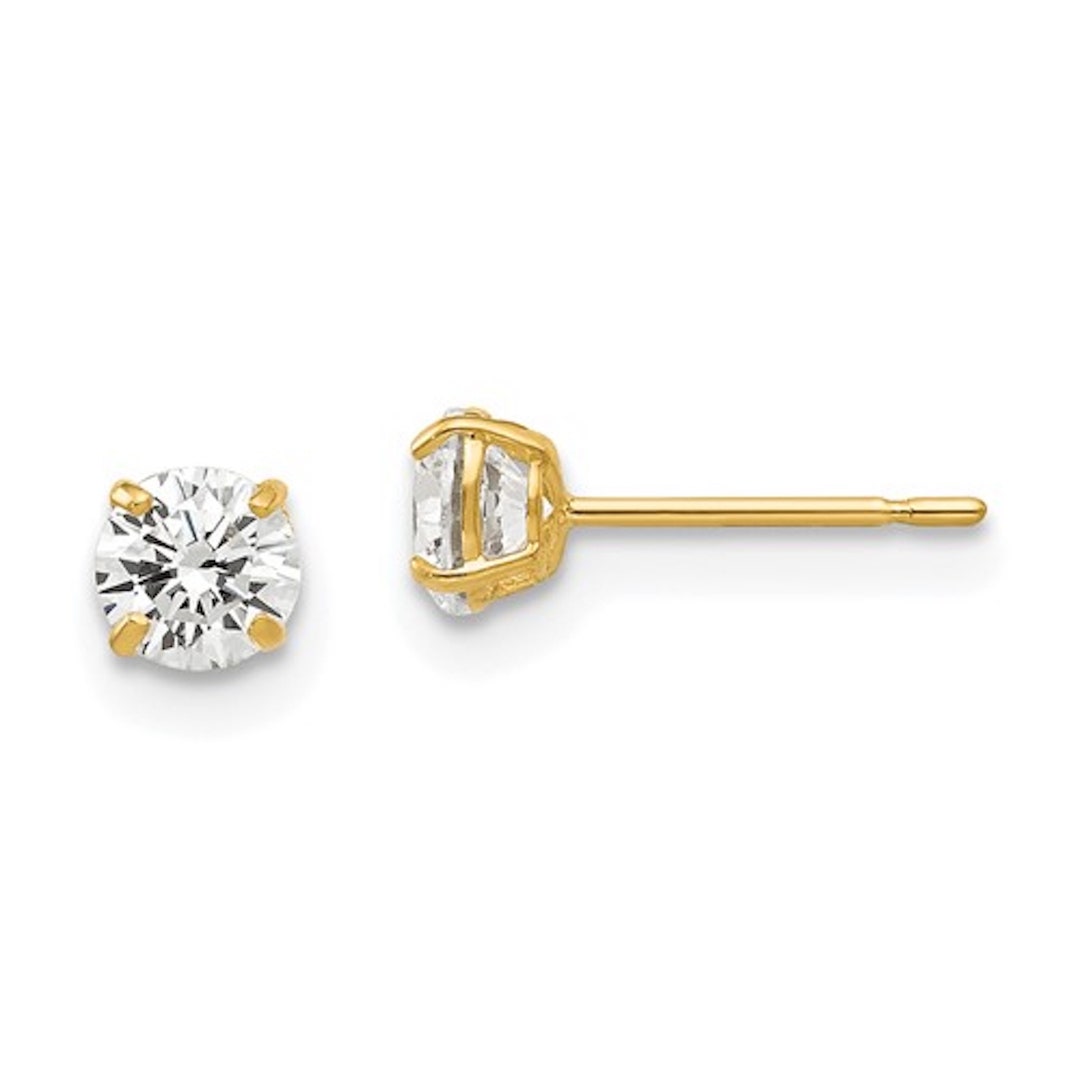 14K Solid Gold 4mm Round Post, Stud 14K Gold Simulated Diamond Earrings