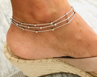 3 Row Chain Anklet, 925 Sterling Silver Anklet, Rhodium Silver Anklet Bracelet, Triple Chain Link Anklet, 9.5” long. EA80