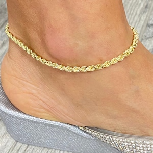 10K Gold Diamond Cut 3mm Rope Anklet Bracelet, 10k Real Gold Diamond Cut Rope 9 inch Anklet, 10k Gold Anklet Bracelet - BC133