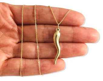 14K Real Gold 3D Italian Horn 33mm/ 1.3" Pendant, Dainty 14k Solid Gold Chain, Italian Horn Necklace,  Cornicello Italian Horn- 14kC3041