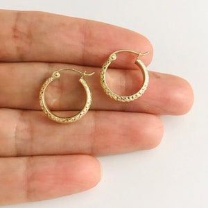 14K Solid Gold 2.8mm x 15mm Diamond Cut Hoop Earrings, Real Gold Hoop Earrings, Small Diamond Cut Gold Hoop Earrings, 14k Gold Hoop- ER74