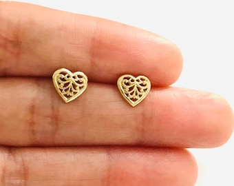 10K Solid Gold 7mm Heart Post Earrings, 10K Filigree Heart Post Earrings, Gold Stud Earrings, Gold Heart, 10k Solid Gold Earrings- TE706