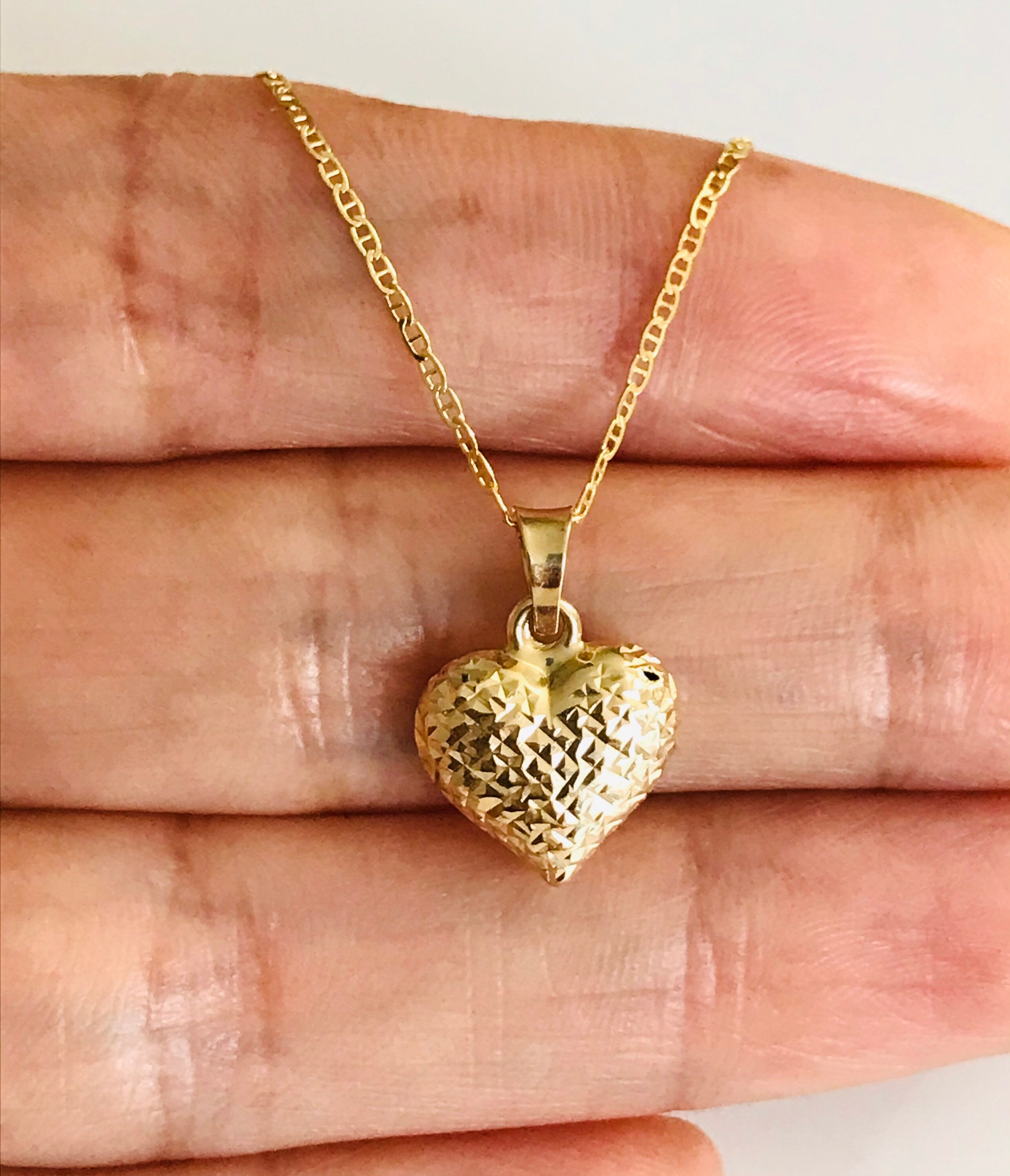 14K Solid Gold Heart Necklace Diamond Cut Design 14K Solid Etsy