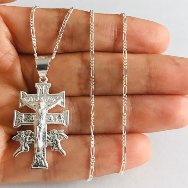 925 Silver Caravaca Cross Necklace, 36mm Caravaca Crucifix Pendant, Silver Cross, Cruz de Caravaca, Religious Jewelry, Figaro Chain- ESN32