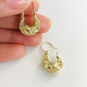 10K Solid Gold Earrings, 23mm x 14mm Basket Earrings, Dangle Earrings, Filigree Earrings, Filigree Hoop, 10k Gold Filigree  Earrings- EGE22