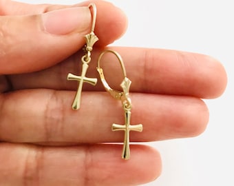 14K Solid Gold Earrings, Gold Cross Earrings, 14k Solid Gold Dangle Cross Earrings, 14k Gold Crucifix Earrings, 14k Gold Earrings- TF1924