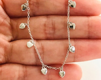 925 Silver Heart Anklet, 925 Sterling Silver Anklet, Charm Anklet, Anklet Bracelet, Silver Anklet, Heart Anklet, 9” + 1” long. EA62