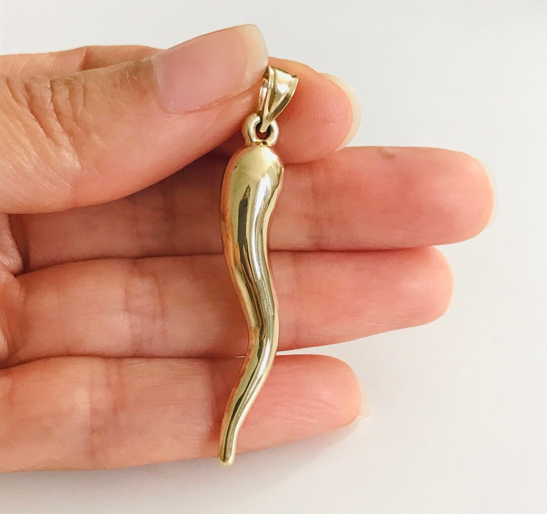 10K Real Yellow Gold Italian Horn (Cornicello) Charm Pendant - 3D Chili Pepper Style, Luck Theme