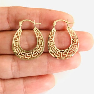 10K Solid Gold 25mm Oval Earrings, 10K Real Gold Oval Greek Earrings, Gold Greek Key Oval Earrings, Gold Earrings, Gold Hoop Earring- EGE26